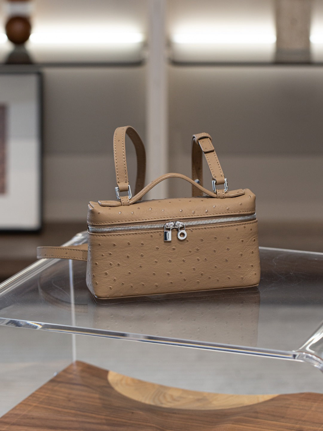 真皮lp包包 19饭盒包高级感鸵鸟纹手提盒子包百搭单肩斜挎小方包