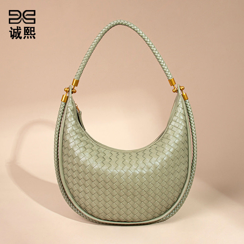 时尚手工编织包休闲女士手提月牙包小众单肩腋下包斜挎新月饺子包