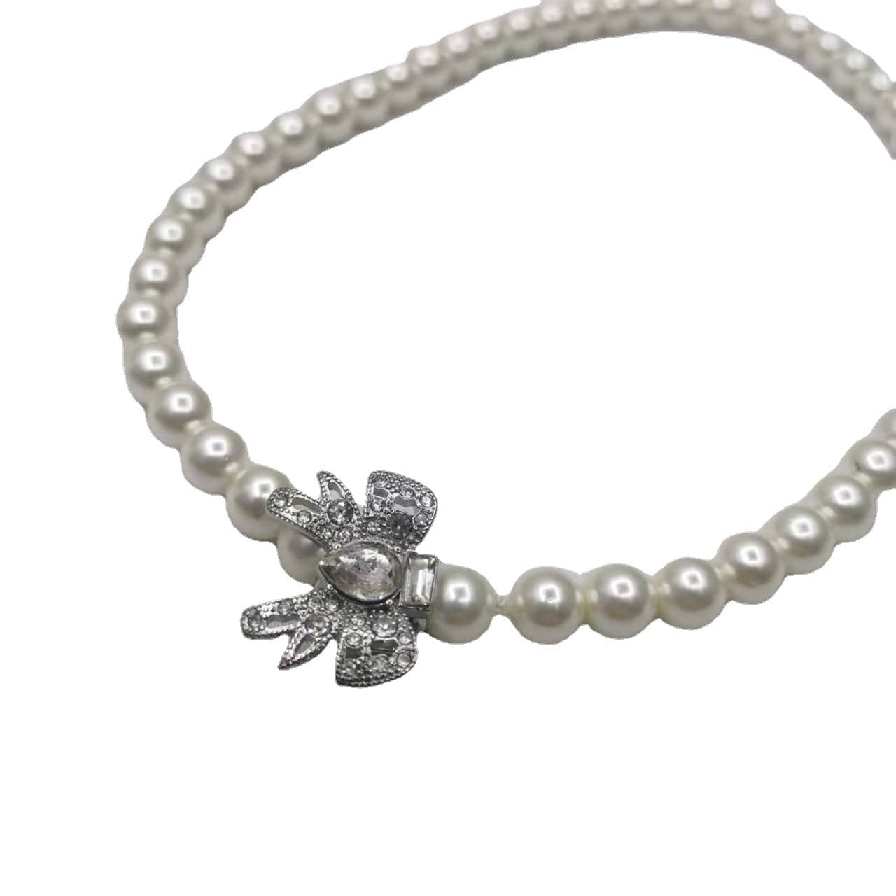 缪家21新款蝴蝶结珍珠项链女手链高级感气质INS风甜美镶钻锁骨链