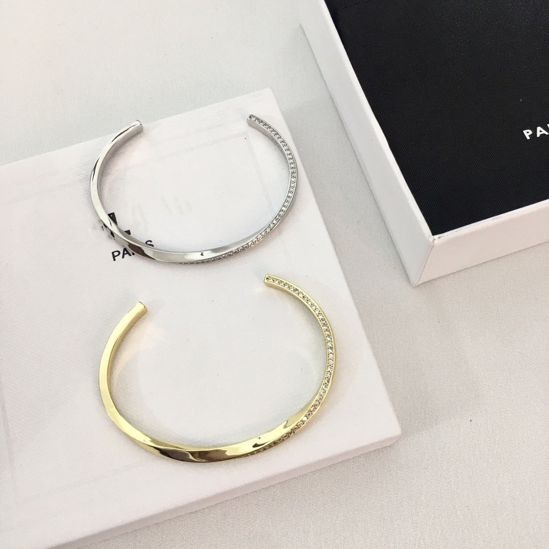 厂家批发赛家新款几何扭曲镶钻手镯高级感气质不规则扭扭开口手环