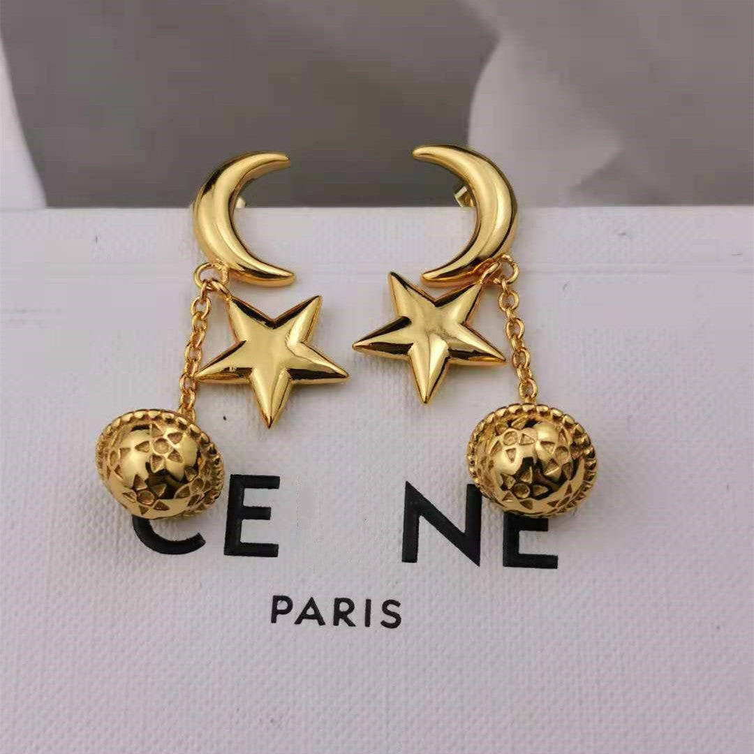 赛家新款月亮星球耳钉长款耳线高级感复古气质中古星星星球耳坠