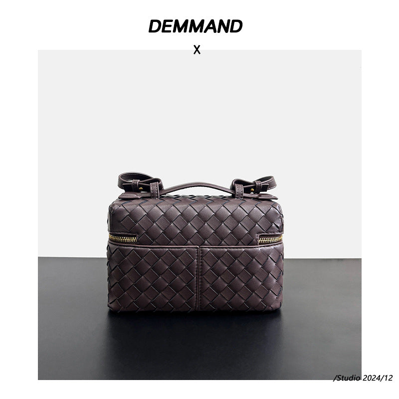 头层羊皮手提包编织饭盒包真皮手拎包化妆盒子包时尚单肩斜挎包女