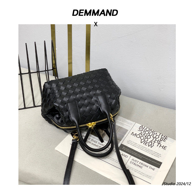 包包女2024新款真皮手工编织保龄球包女斜挎单肩小众波士顿手提包