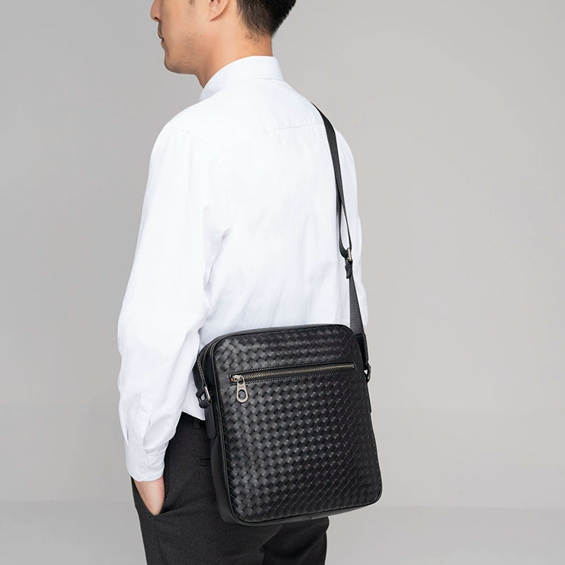 X&BV单肩包男真皮休闲时尚潮男小背包商务黑色编织平板男包斜挎包