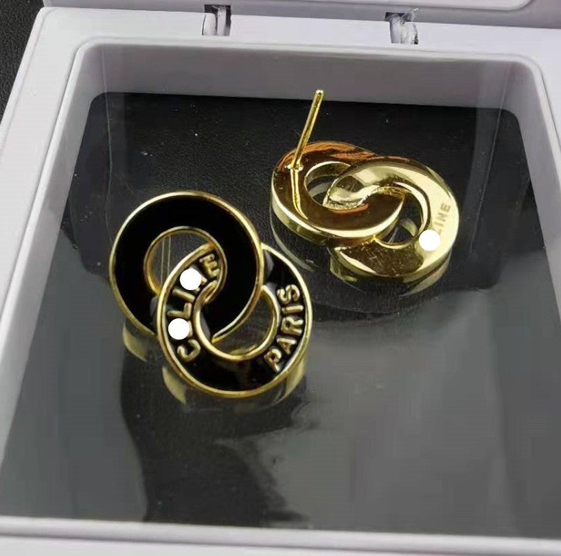 赛家新款法式8字母圆圈耳环黑白滴胶双圈复古双环耳钉时髦耳饰