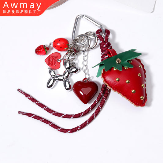 量大价优现货红色草莓包挂金属动物狗编织绳钥匙链钥匙扣包挂
