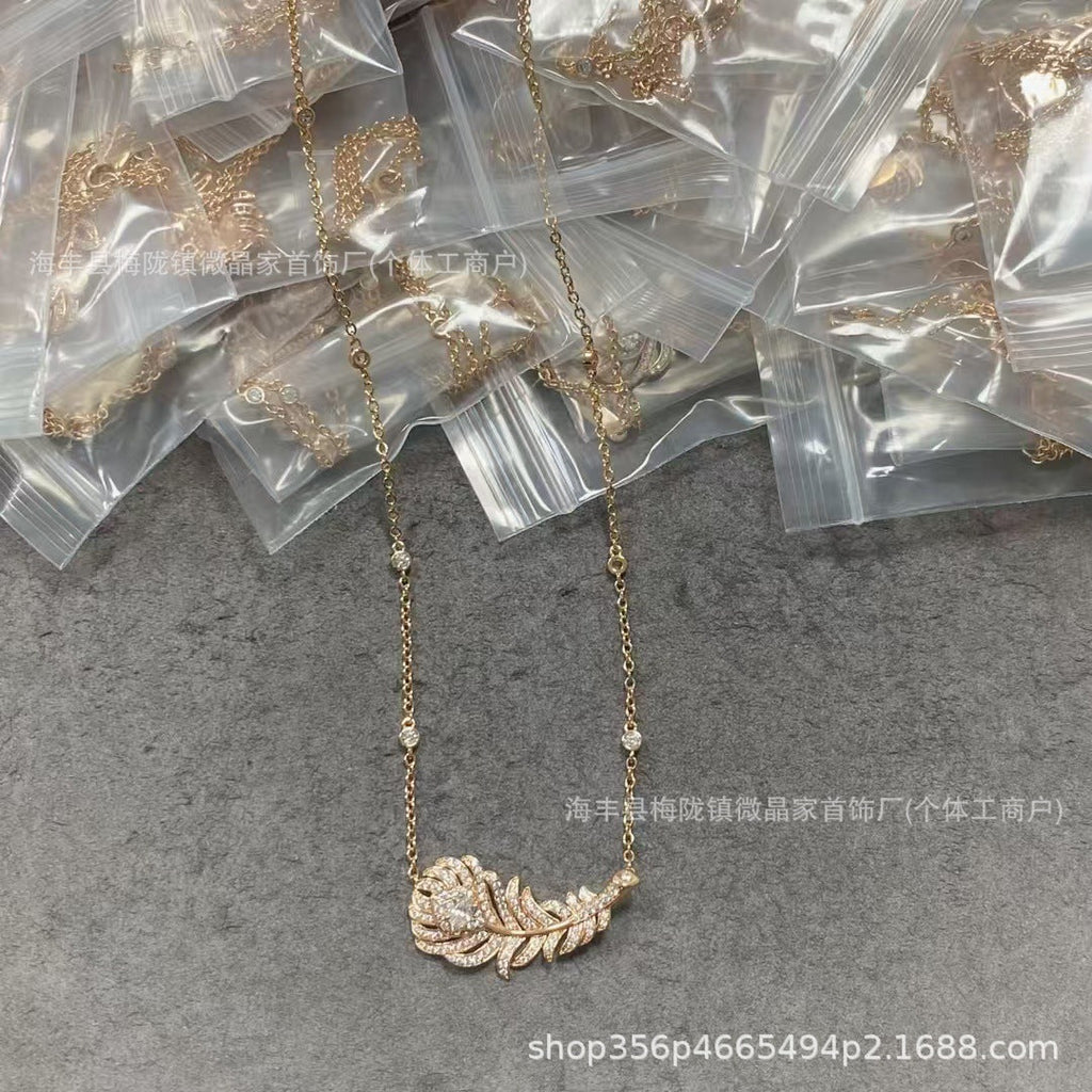 高版宝诗家满钻羽毛项链S925银镀18K金厂家直销精工CNC网红同款