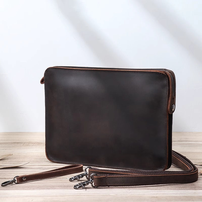 疯马皮牛皮单肩斜挎包男士手工真皮手拿复古ipad公文包A4文件袋女