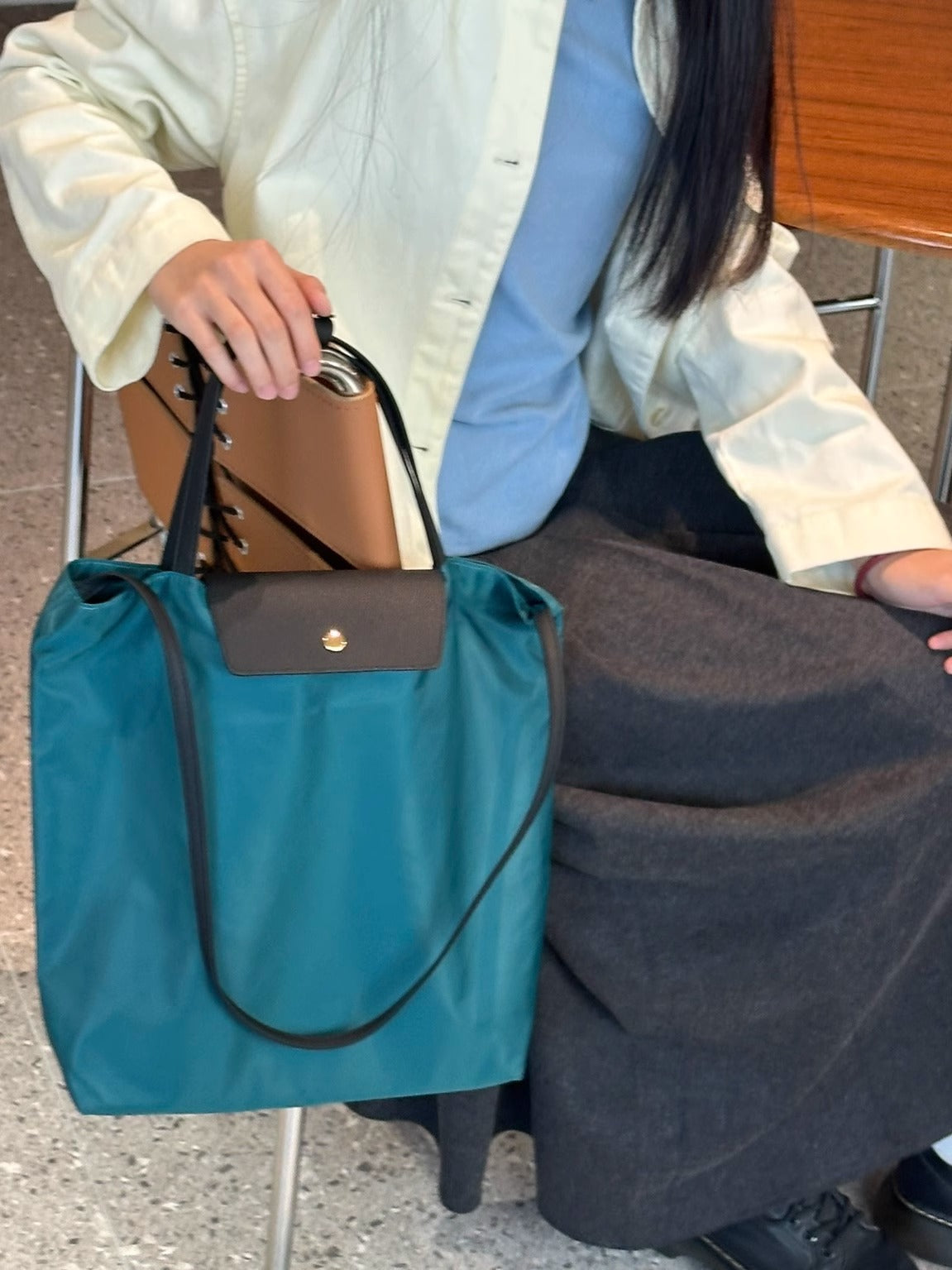 韩版简约大容量尼龙配真皮托特包手提包高级洋气百搭单肩斜跨包女