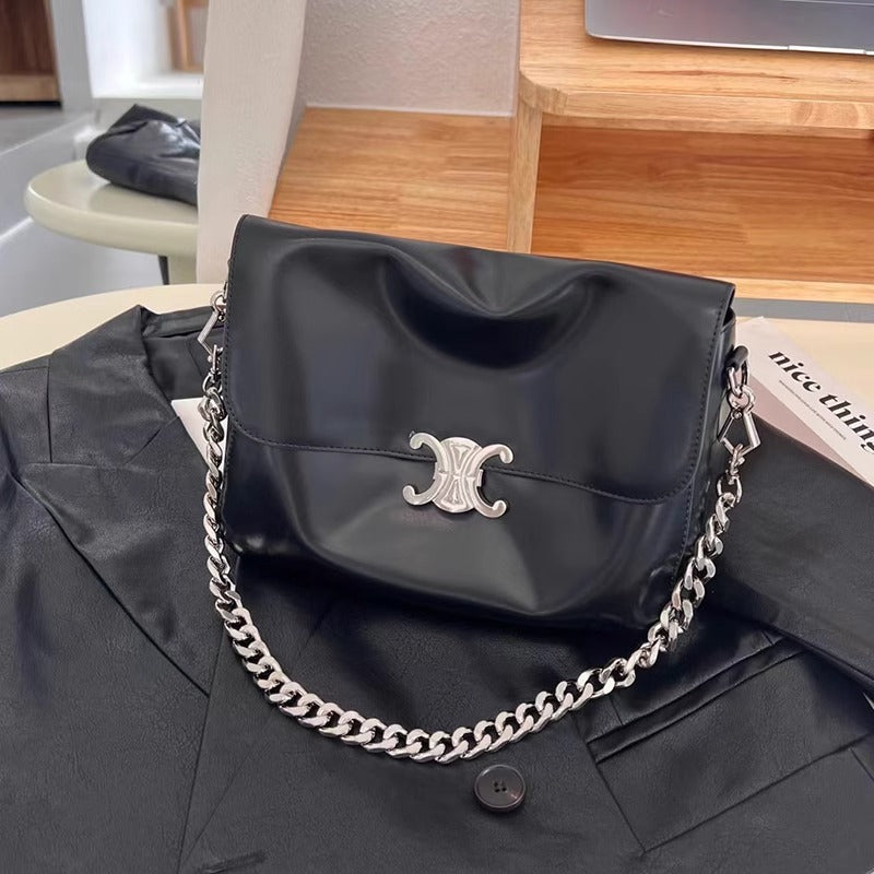 新款凯旋门软皮翻盖公文包单肩斜挎真皮子母包链条斜挎包无痕代发