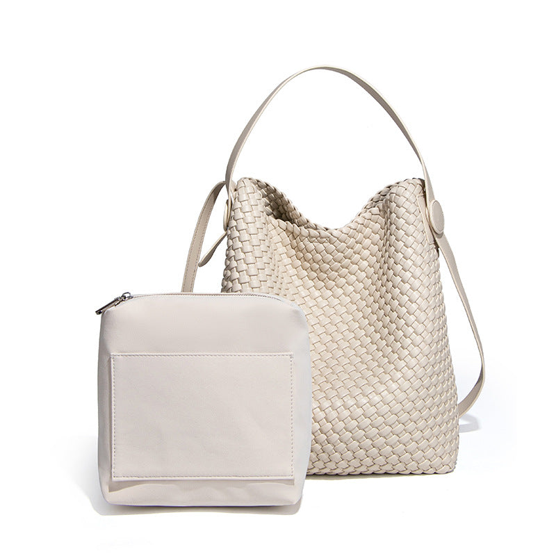 外贸复古大容量水桶包真皮单肩腋下时尚编织女包高级感手提子母包