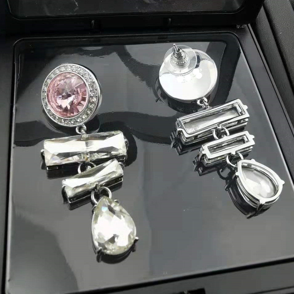 缪家新款粉色水晶耳坠欧美法式水晶钻石长款水滴个性耳环耳坠女