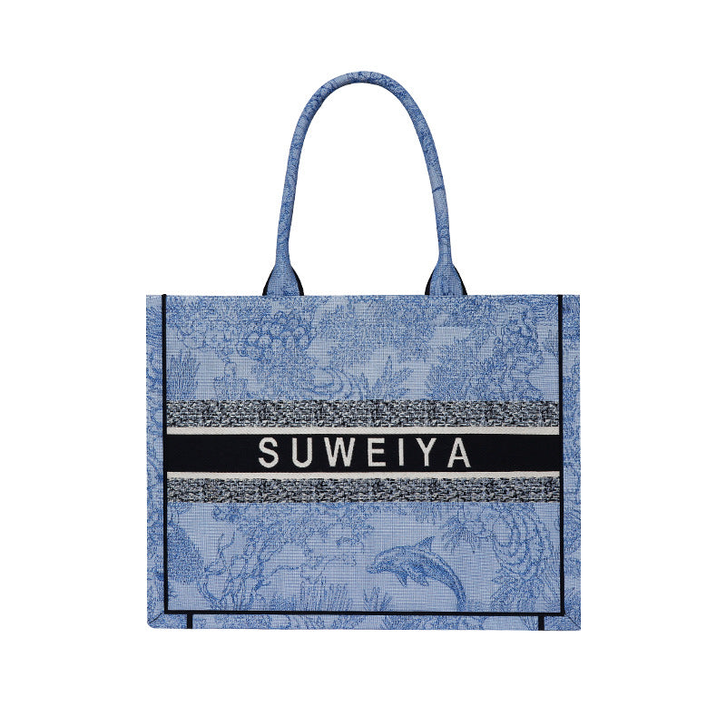 2024新款潮定制针织棉麻刺绣女包休闲大容量托特包上班通勤手提包