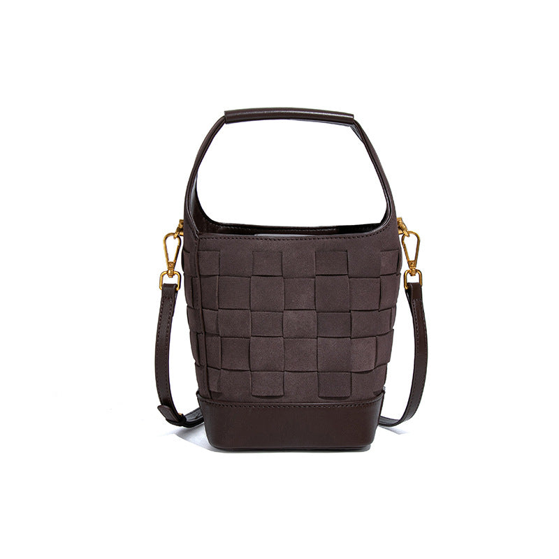 复古小众手工编织包磨砂麂皮绒手拎水桶包拼色子母包单肩斜挎女包