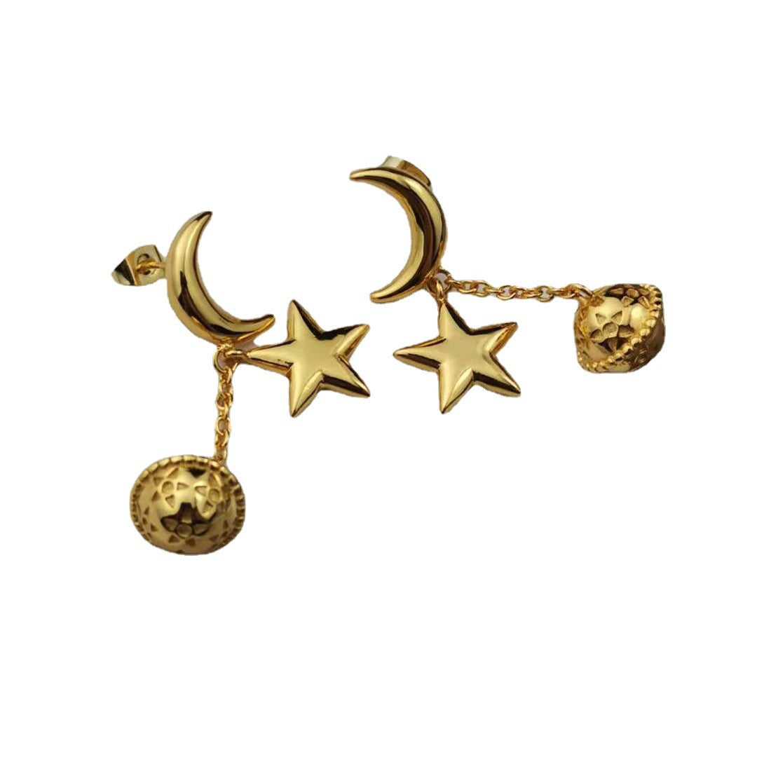 赛家新款月亮星球耳钉长款耳线高级感复古气质中古星星星球耳坠
