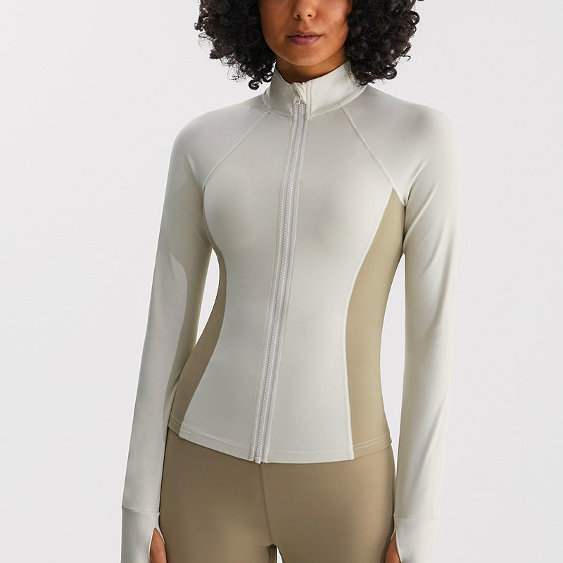 磨毛瑜伽服外套女显瘦修身拼色健身立领上衣户外跑步裸感运动长袖