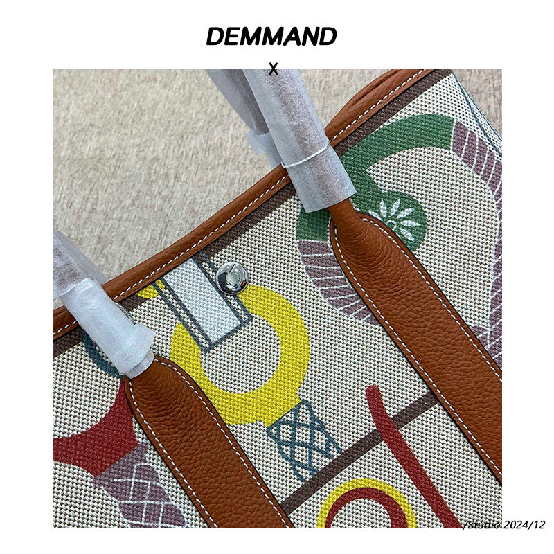 女包彩色腋下菜篮子牛皮拼帆布托特大容量撞色单肩双肩斜挎花园