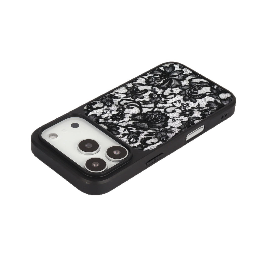 外贸蕾丝花纹适用苹果16pro晶瓷手机壳iPhone17亚克力PC磨砂防摔