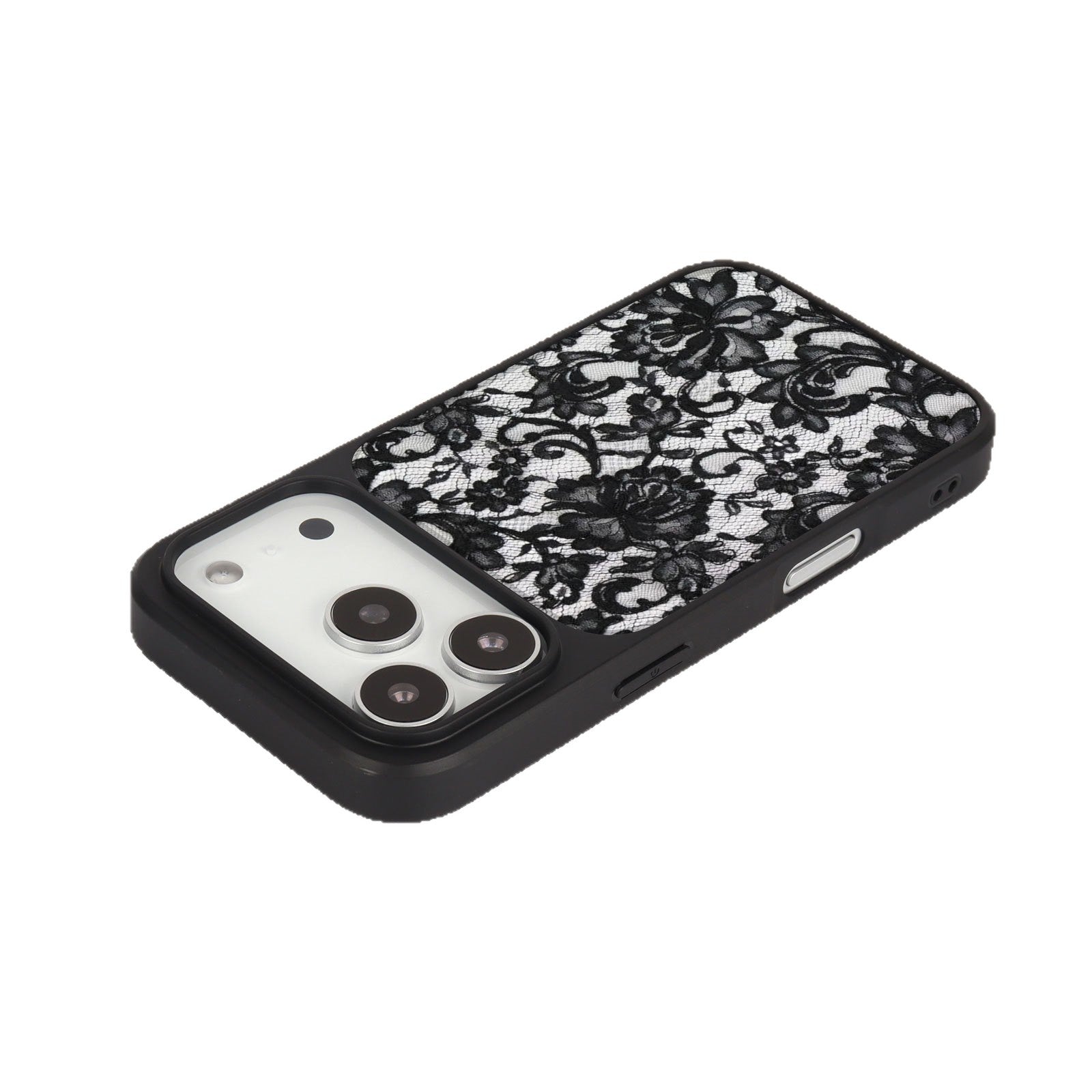 外贸蕾丝花纹适用苹果16pro晶瓷手机壳iPhone17亚克力PC磨砂防摔