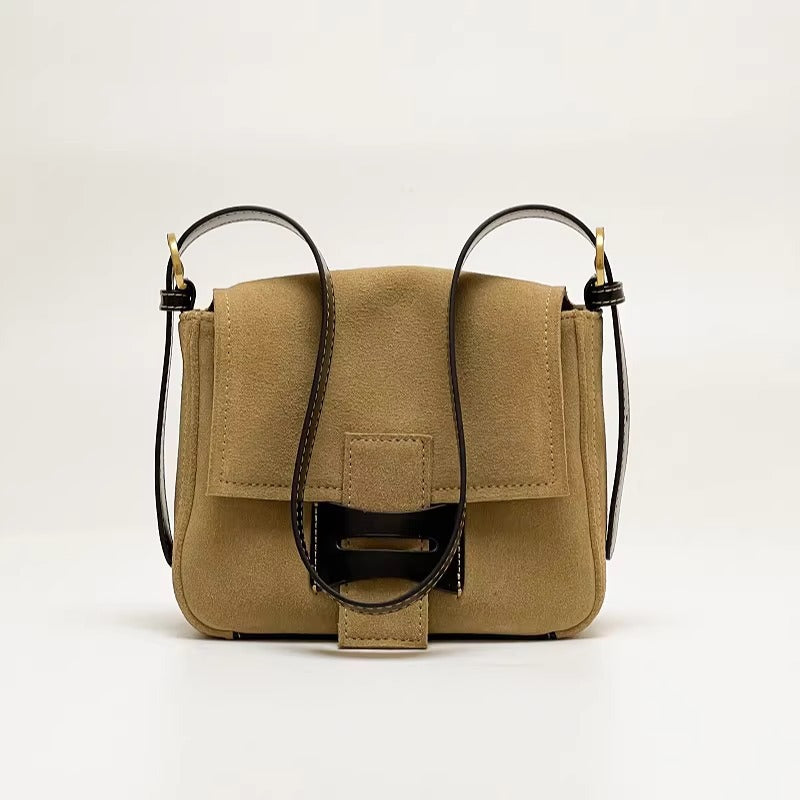 Get格纹头层马毛拼油蜡牛皮时髦又飒飒单肩女磨砂皮复古邮差包包