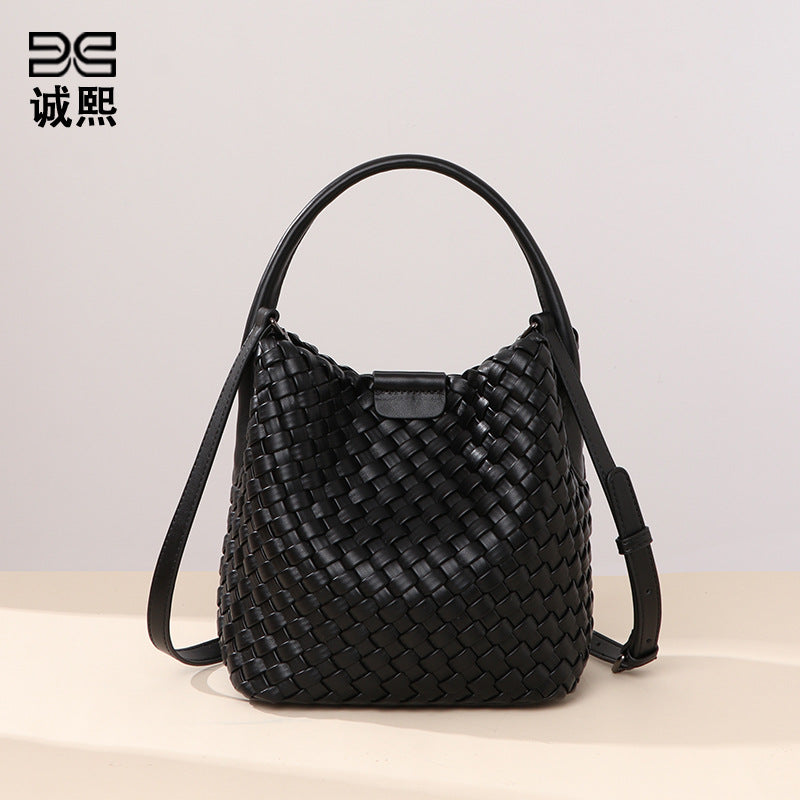 2025夏款质感单肩斜挎子母包时尚休闲手提水桶包潮流菜篮子编织包