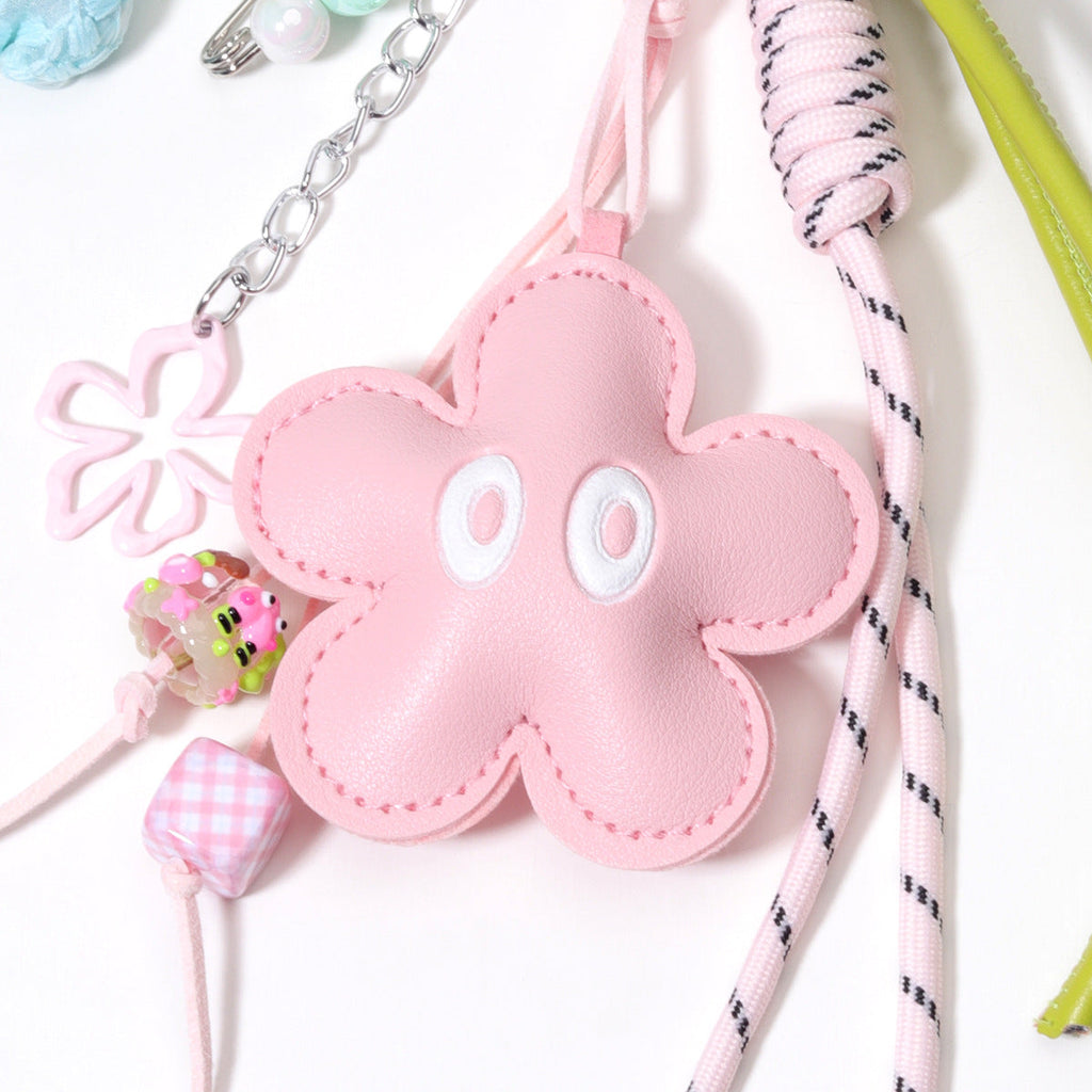 跨境热销粉色PU皮革大眼睛花朵包挂串珠包包挂件车线皮绳钥匙扣
