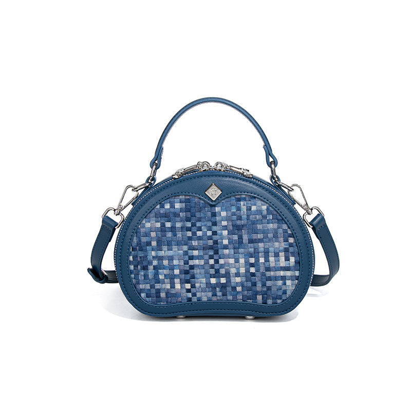 时尚韩版2025新款手拎小圆包小众设计百搭单肩斜跨包休闲编织女包