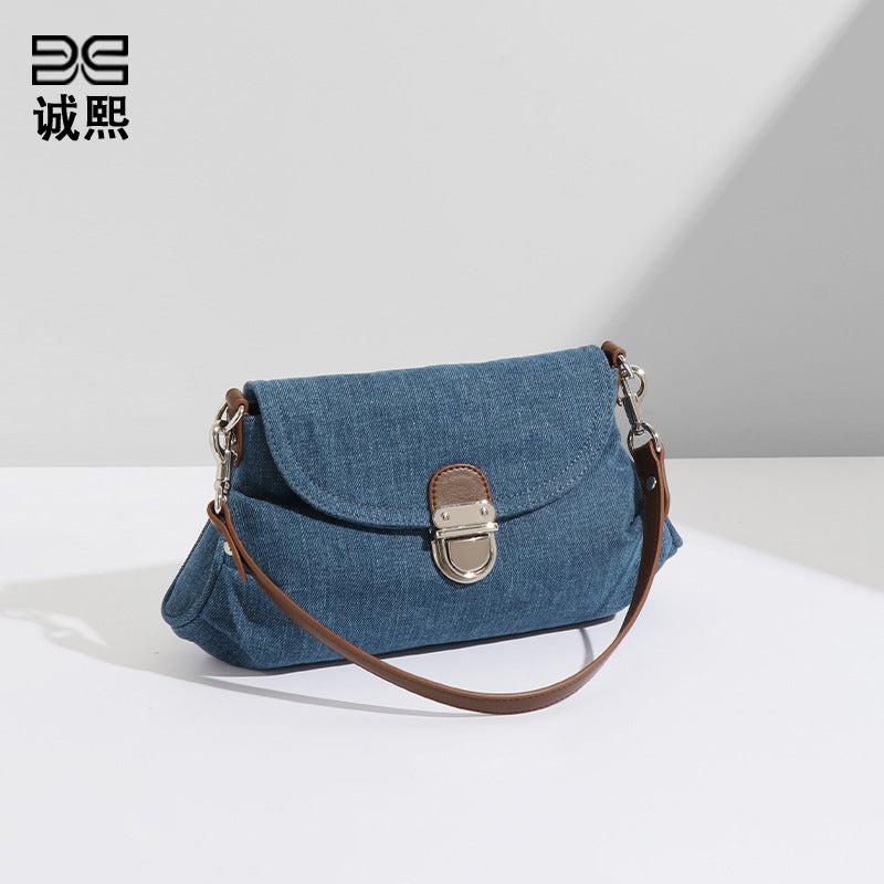 原创设计韩版手提信封包软面牛仔布单肩腋下包百搭大容量斜挎女包