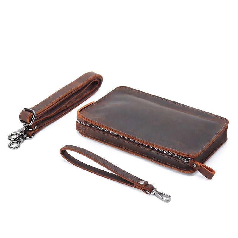 疯马皮牛皮单肩斜挎包男士手工真皮手拿复古ipad公文包A4文件袋女