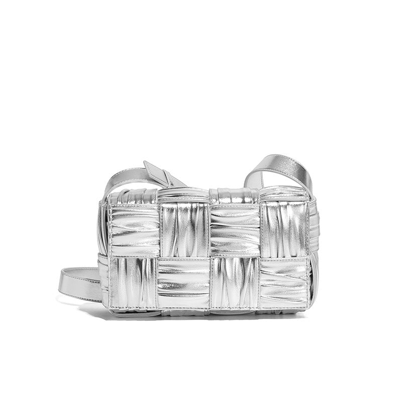 工厂直销高质量高档轻奢风金属感金色编织枕头包小方包单肩斜挎包