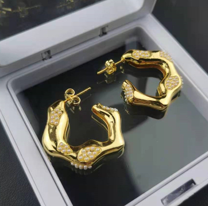 CELI赛家不规则波浪形耳环微镶珍珠粒耳坠耳钉女撞色耳饰镀真金