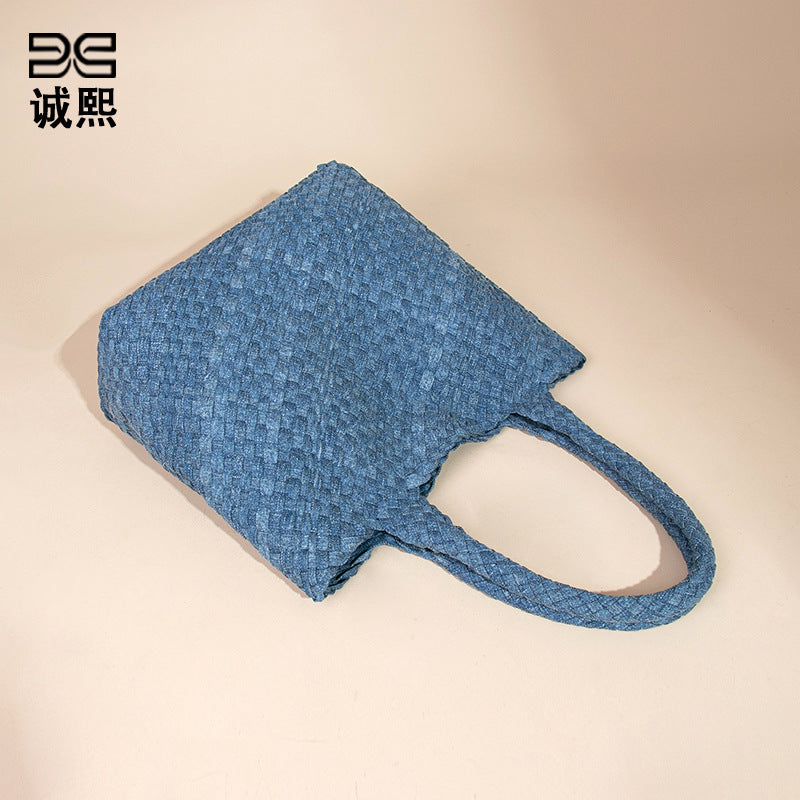 韩版牛仔布手工编织包包高级感单肩斜挎腋下包手提菜篮子母托特包