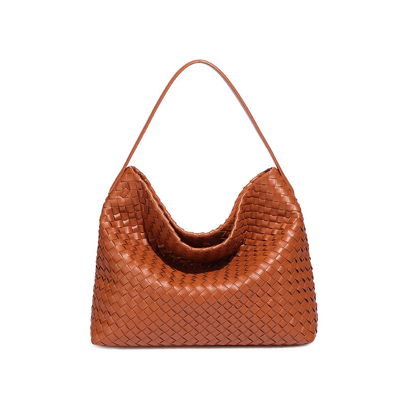 外贸定制手工编织包包大容量单肩腋下女包纯色百搭斜跨手提托特包