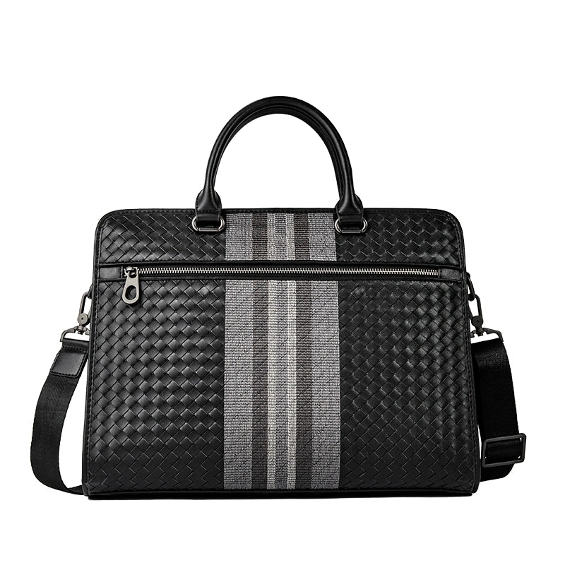 X&BV男士公文包商务手提包真皮编织男包单肩斜挎包牛皮电脑手拎包