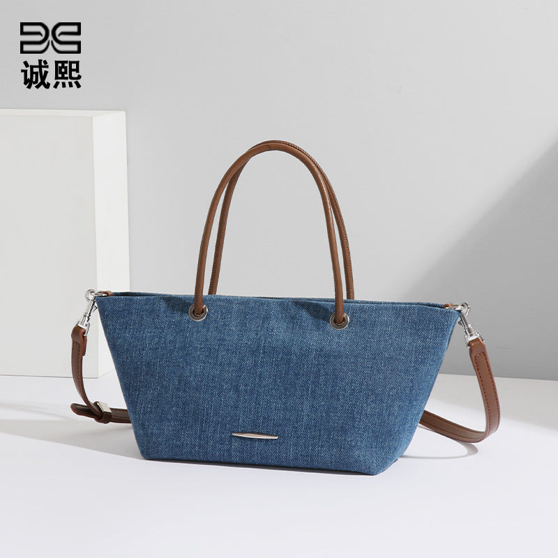 韩版水洗牛仔布斜挎包单肩手提袋托特包休闲大容量购物袋腋下女包