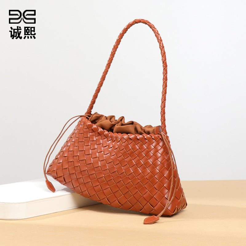 跨境热销纯色手工编织包包女高级感复古手提子母包时尚单肩腋下包