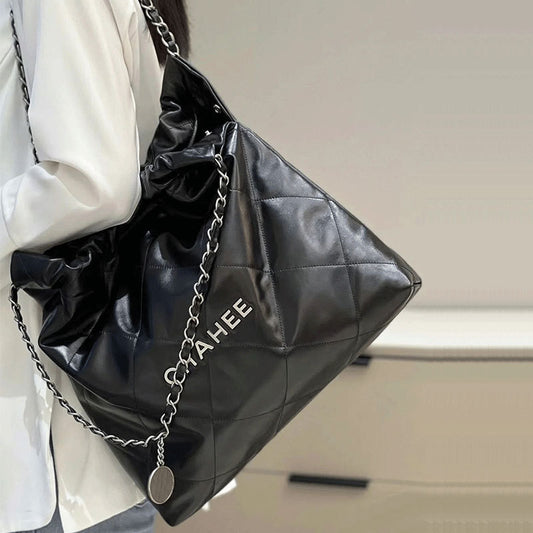 小香黑银垃圾袋包2023新款真皮托特包高级感大容量单肩菱格链条包