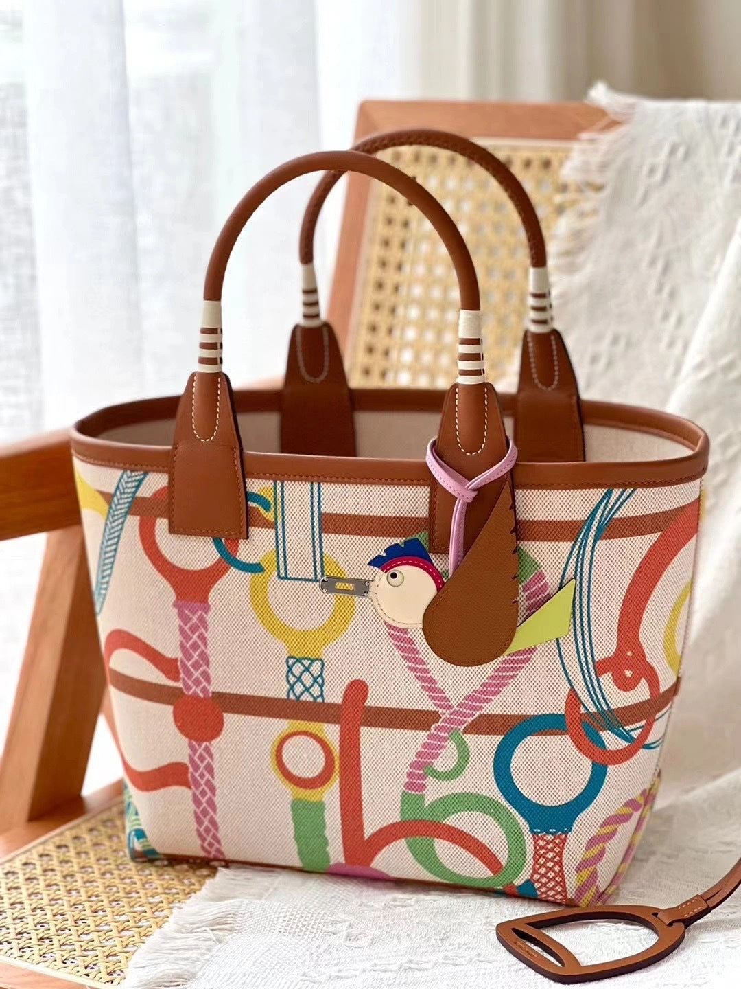 女包高级时尚百搭腋下托特包手工编织牛皮拼帆布撞色手提菜篮子包