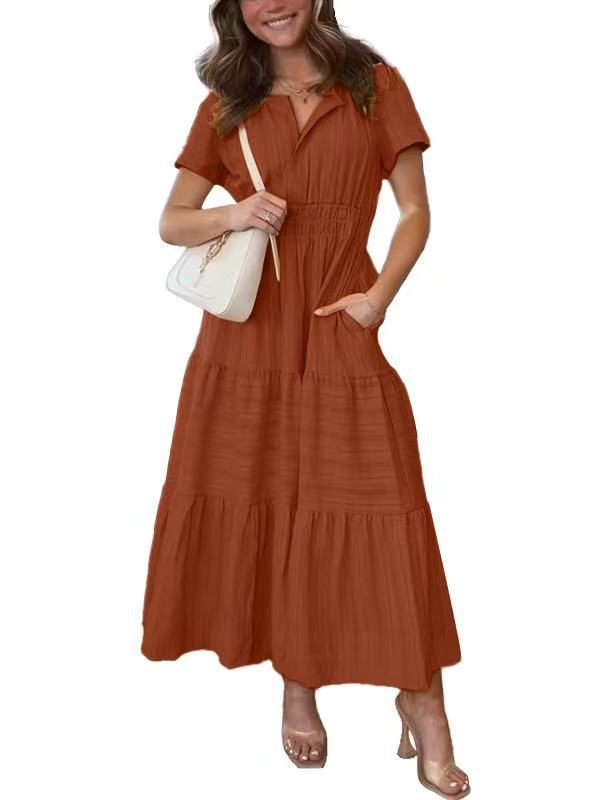 2025春夏季跨境欧美外贸女装时尚V领褶皱泡泡袖分层大摆连衣裙女