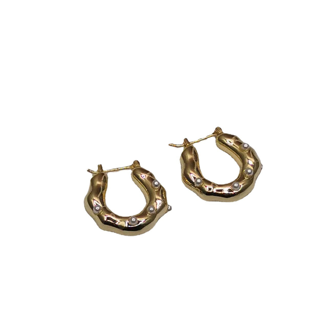 赛家21新款U形不规则耳环女珍珠光面高级感气质镀金几何形耳扣