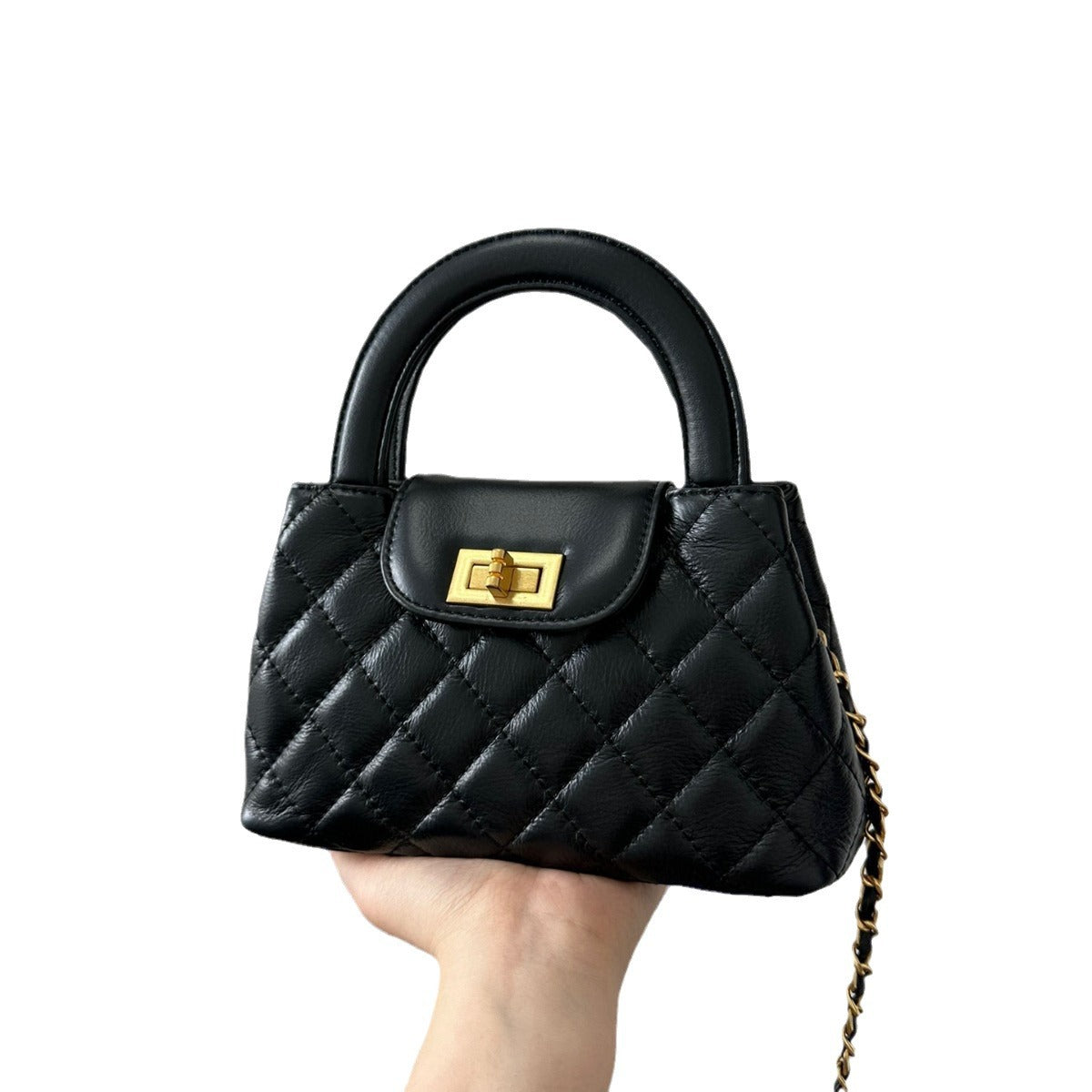 2023新款小香风复古小巧菱格手提包链条斜挎牛皮小包女简约时尚