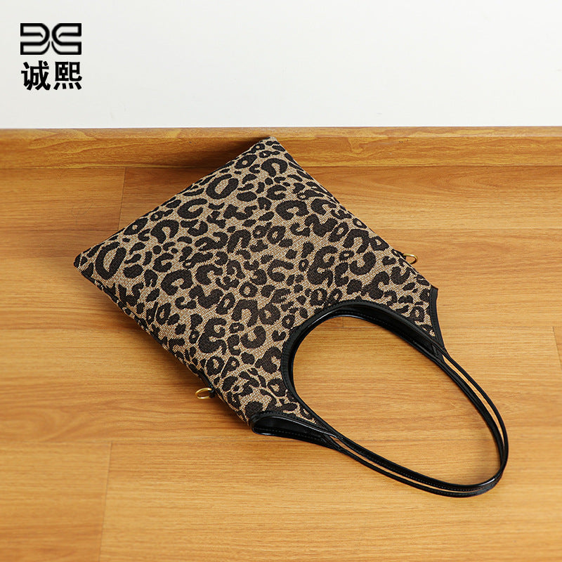 秋冬新款大容量豹纹包包欧美复古单肩托特包时尚潮流慵懒风腋下包