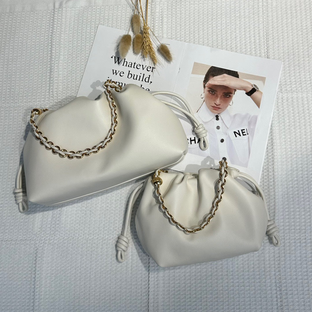 新品褶皱牛皮云朵包新中式抽绳福袋包时尚链条腋下包单肩斜挎小包