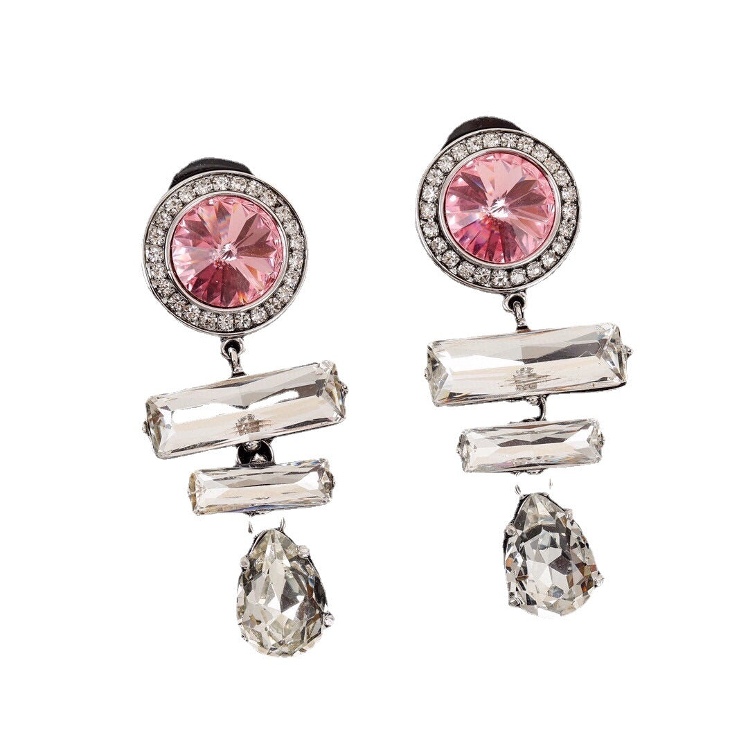 缪家新款粉色水晶耳坠欧美法式水晶钻石长款水滴个性耳环耳坠女