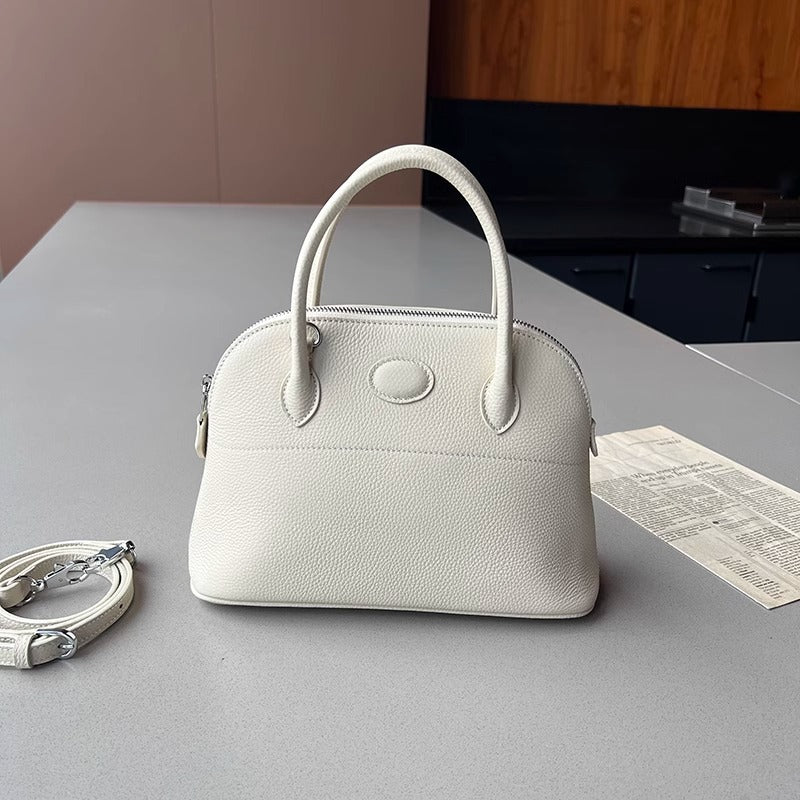 新款荔枝纹真皮贝壳包头层牛皮保龄球手提包拉链大容量通勤女包