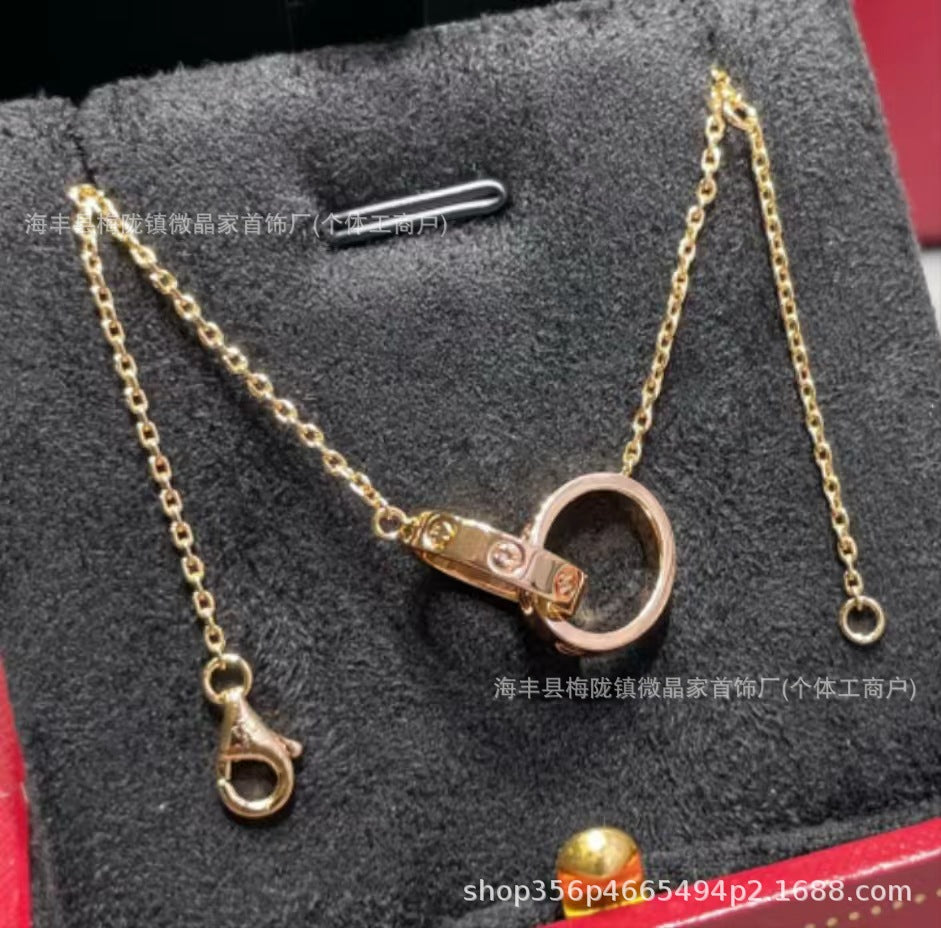 卡家高版本双环带钻项链S925银镀18K玫瑰金项链CNC精工厂家直销