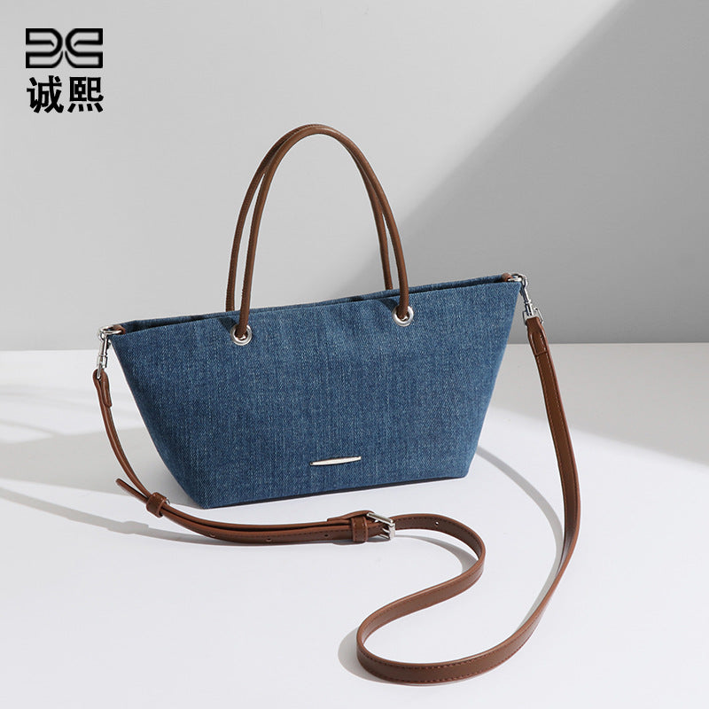 韩版水洗牛仔布斜挎包单肩手提袋托特包休闲大容量购物袋腋下女包