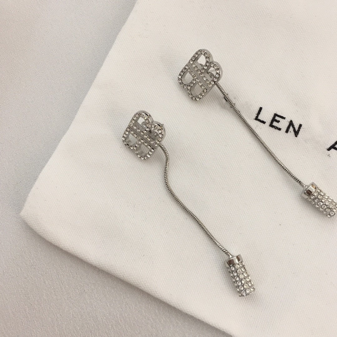 B家21新款双B满钻耳线女高级感气质INS风水钻耳钉超闪长款耳环