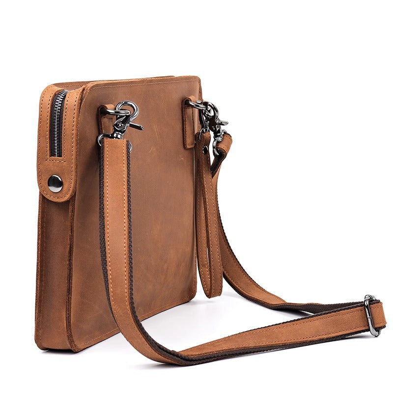 疯马皮牛皮单肩斜挎包男士手工真皮手拿复古ipad公文包A4文件袋女