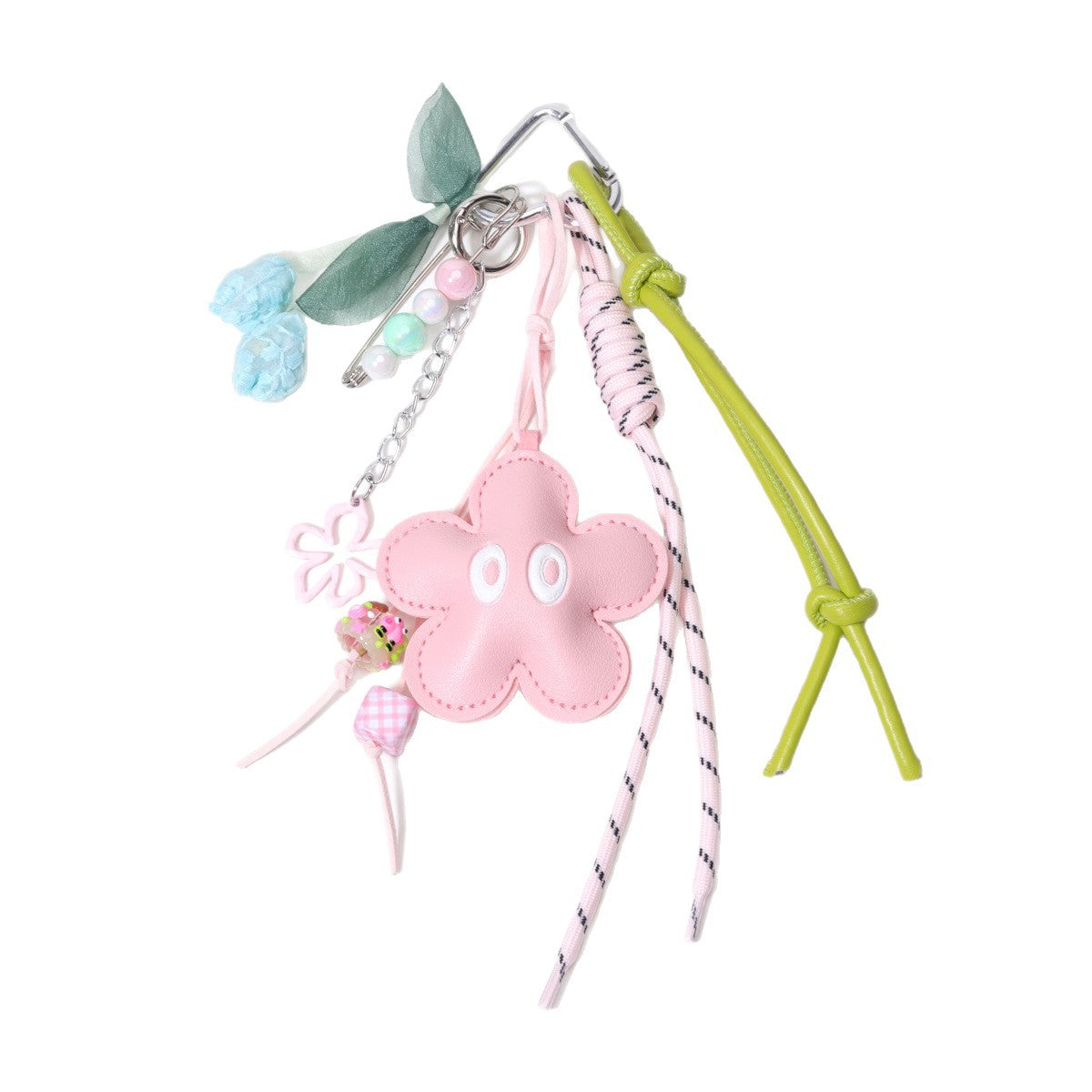 跨境热销粉色PU皮革大眼睛花朵包挂串珠包包挂件车线皮绳钥匙扣